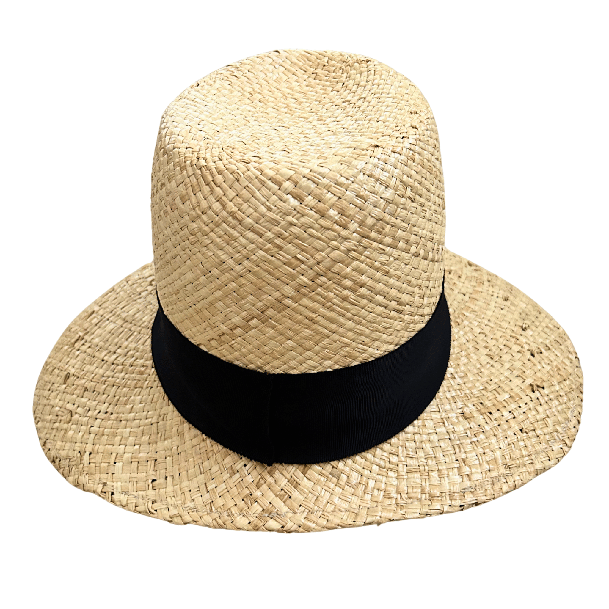 Beige straw hat with a black band on a white background